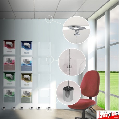 Ceiling-to-Floor Grid Clip Brochure Holder Set - Leaflet Dispenser Hanging with Twist-On Weighted Cables!