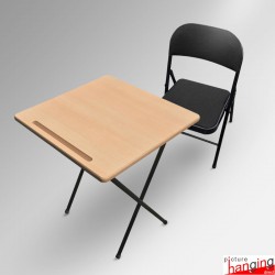 Folding Exam Desk & Padded Chair Set - Beechwood Table with Black Or Blue Foldaway Seat