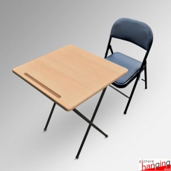 Folding Exam Desk & Leather Chair Set - Beechwood Table with Black Faux Leather Foldaway Seat